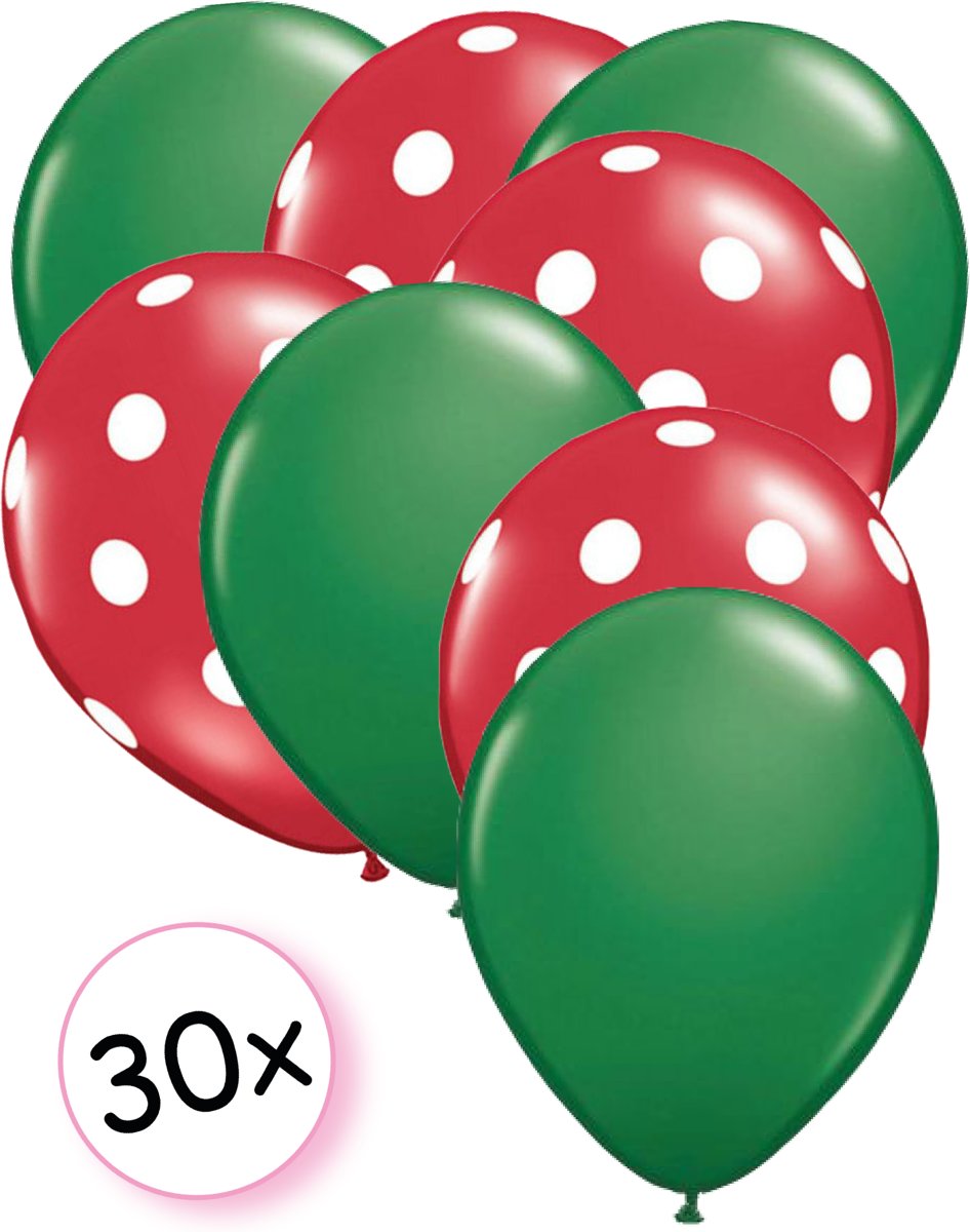 Ballonnen Groen & Dots Rood-Wit 30 stuks 27 cm